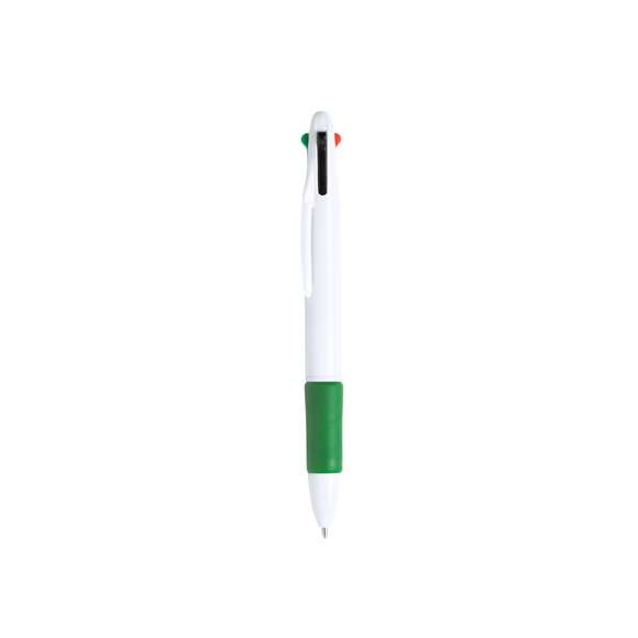 Bolígrafo 4 en 1 de mecanismo pulsador retráctil, de clásico diseño y cuerpo de suave acabado sólido en color blanco. Suave empuñadura a juego en vivos colores. De 4 cartuchos, en tintas azul, negra, roja y verde.