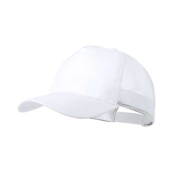 Gorra de 5 paneles en poliéster, con tela de rejilla y cierre ajustable de plástico. Disponible en variada gama de colores (color blanco especialmente fabricado para impresión en sublimación).