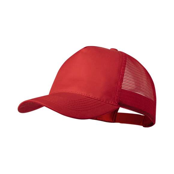 Gorra de 5 paneles en poliéster, con tela de rejilla y cierre ajustable de plástico. Disponible en variada gama de colores (color blanco especialmente fabricado para impresión en sublimación).