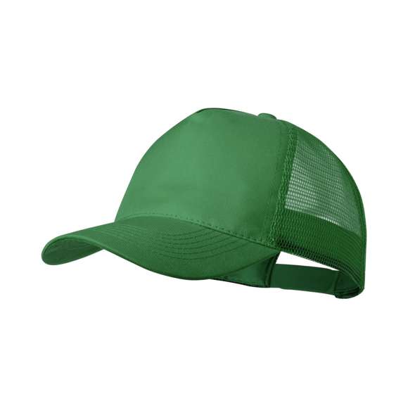 Gorra de 5 paneles en poliéster, con tela de rejilla y cierre ajustable de plástico. Disponible en variada gama de colores (color blanco especialmente fabricado para impresión en sublimación).