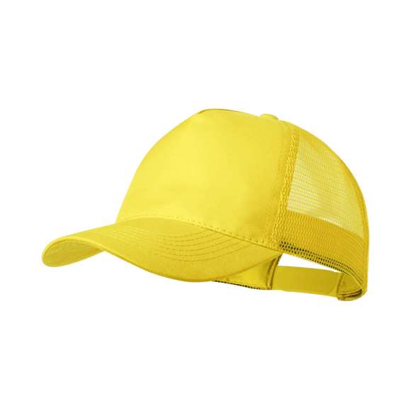 Gorra de 5 paneles en poliéster, con tela de rejilla y cierre ajustable de plástico. Disponible en variada gama de colores (color blanco especialmente fabricado para impresión en sublimación).