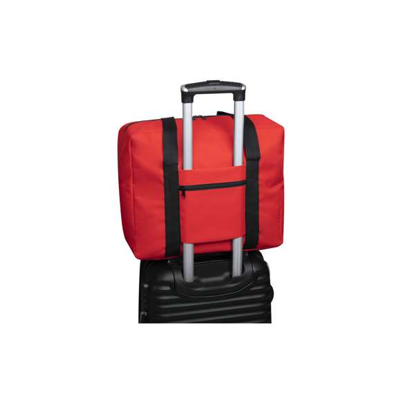 Bolso multiusos en resistente poliéster 600D y desenfadado diseño bicolor. Compartimento principal con cierre de cremallera y doble tirador, con accesorio de ajuste en trolley, resistentes asas de nylon y bolsillo lateral de cremallera.