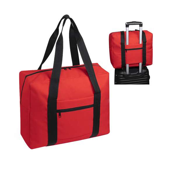 Bolso multiusos en resistente poliéster 600D y desenfadado diseño bicolor. Compartimento principal con cierre de cremallera y doble tirador, con accesorio de ajuste en trolley, resistentes asas de nylon y bolsillo lateral de cremallera.