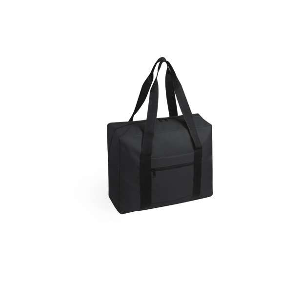Bolso multiusos en resistente poliéster 600D y desenfadado diseño bicolor. Compartimento principal con cierre de cremallera y doble tirador, con accesorio de ajuste en trolley, resistentes asas de nylon y bolsillo lateral de cremallera.