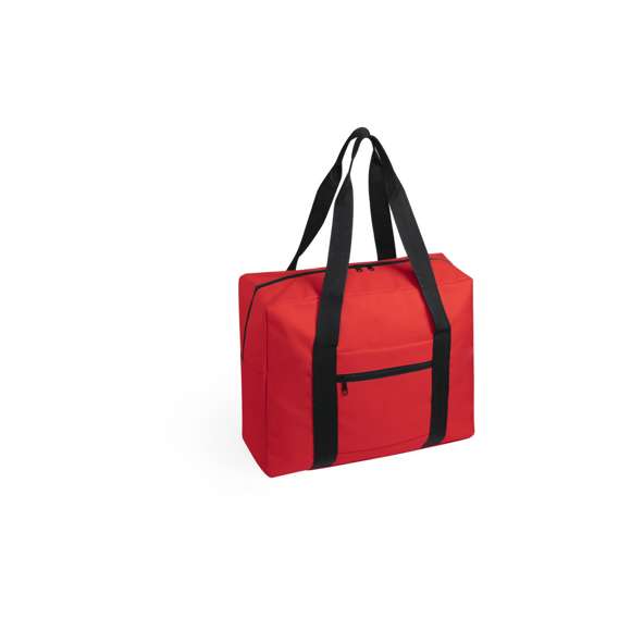 Bolso multiusos en resistente poliéster 600D y desenfadado diseño bicolor. Compartimento principal con cierre de cremallera y doble tirador, con accesorio de ajuste en trolley, resistentes asas de nylon y bolsillo lateral de cremallera.