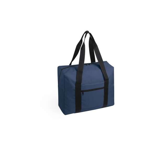 Bolso multiusos en resistente poliéster 600D y desenfadado diseño bicolor. Compartimento principal con cierre de cremallera y doble tirador, con accesorio de ajuste en trolley, resistentes asas de nylon y bolsillo lateral de cremallera.