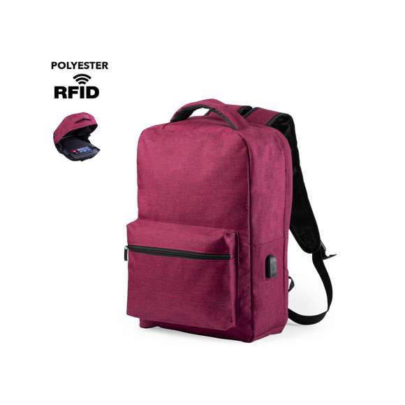 Mochila antirrobo en resistente material poliéster 300D. Con bolsillo antirrobo en la espalda para guardar objetos de valor. Compartimento interior con salida USB para conexión de powerbank -no incluido-. Incluye cable micro USB para total comodidad en la carga de cualquier dispositivo móvil. Bolsillo en lateral con protección RFID y compartimentos interiores acolchados para tablets de hasta 10 pulgadas y portátiles de hasta 15 pulgadas. Cinta para fijación al trolley y disponible en amplia gama de colores, con multitud de bolsillos interiores y exteriores. Cintas de hombros y espalda ajustables con acolchado.