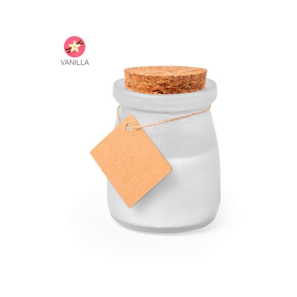  	Original vela tarrito de cristal. Con tapón de corcho y etiqueta de cartón reciclado con hilo para mensajitos. Disponible en varios colores y presentada en caja blanca individual.