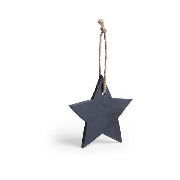 Adorno navideño en pizarra, con lacito para colgar y en elegantes diseños árbol de navidad y estrella.
