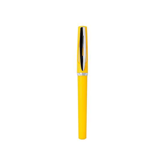 Roller de capucha de alegre diseño bicolor con cuerpo de suave acabado en llamativos colores y accesorios en color plateado brillante, con detalle transparente. Tinta gel azul.