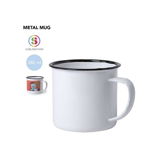 Taza metálica de diseño retro con 380ml de capacidad. Especialmente diseñada para marcaje en sublimación, con elegante detalle en color negro y presentada en caja individual. Acabado irregular para resaltar el aspecto vintage de la taza.Disponible manual de instrucciones en español e inglés.