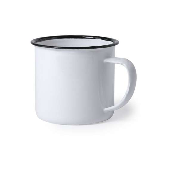 Taza metálica de diseño retro con 380ml de capacidad. Especialmente diseñada para marcaje en sublimación, con elegante detalle en color negro y presentada en caja individual. Acabado irregular para resaltar el aspecto vintage de la taza.Disponible manual de instrucciones en español e inglés.