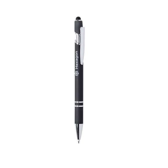 Bolígrafo puntero de mecanismo pulsador y original diseño. Cuerpo de aluminio acabado goma, especialmente diseñado para marcaje en láser y mostrar el logotipo en tono plateado. Con accesorios cromados y clip metálico. Disponible en variada gama de colores, con cartucho jumbo y tinta azul.