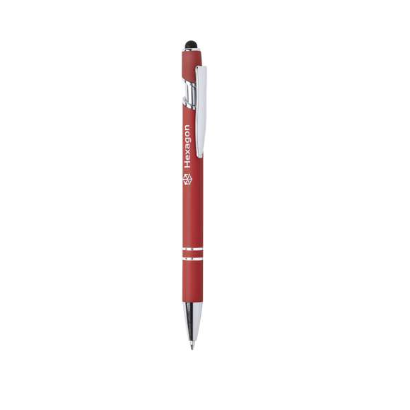 Bolígrafo puntero de mecanismo pulsador y original diseño. Cuerpo de aluminio acabado goma, especialmente diseñado para marcaje en láser y mostrar el logotipo en tono plateado. Con accesorios cromados y clip metálico. Disponible en variada gama de colores, con cartucho jumbo y tinta azul.