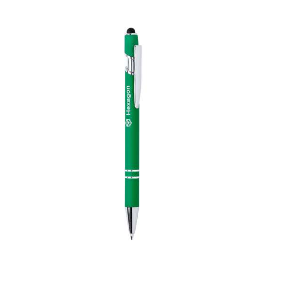 Bolígrafo puntero de mecanismo pulsador y original diseño. Cuerpo de aluminio acabado goma, especialmente diseñado para marcaje en láser y mostrar el logotipo en tono plateado. Con accesorios cromados y clip metálico. Disponible en variada gama de colores, con cartucho jumbo y tinta azul.