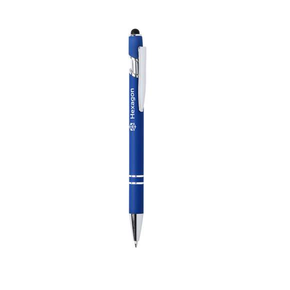 Bolígrafo puntero de mecanismo pulsador y original diseño. Cuerpo de aluminio acabado goma, especialmente diseñado para marcaje en láser y mostrar el logotipo en tono plateado. Con accesorios cromados y clip metálico. Disponible en variada gama de colores, con cartucho jumbo y tinta azul.