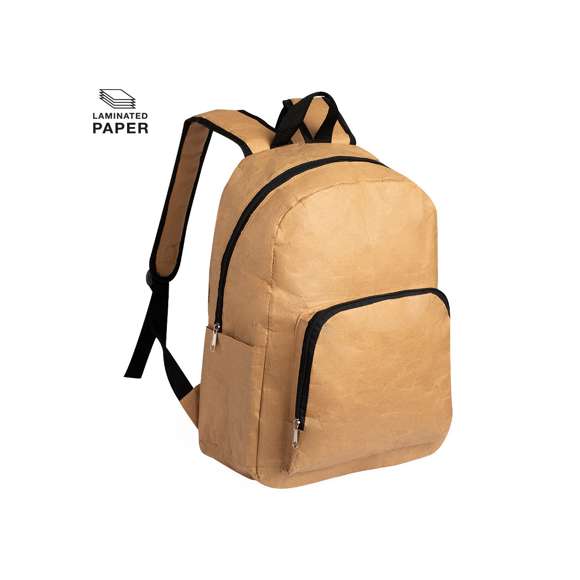 Innovadora mochila en papel laminado ultra resistente de 130 g/m2, resistente a las salpicaduras de agua. Compartimento principal y amplio bolsillo en frontal con cierres de cremallera. Asa de transporte y accesorios en color negro, con cintas de hombros acolchadas y ajustables.