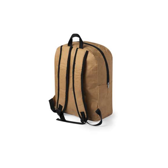 Innovadora mochila en papel laminado ultra resistente de 130 g/m2, resistente a las salpicaduras de agua. Con cierre de cremallera, bolsillo en frontal y bolsillo lateral de gran capacidad. Asa de transporte y accesorios en color negro, con cintas de hombros acolchadas y ajustables.