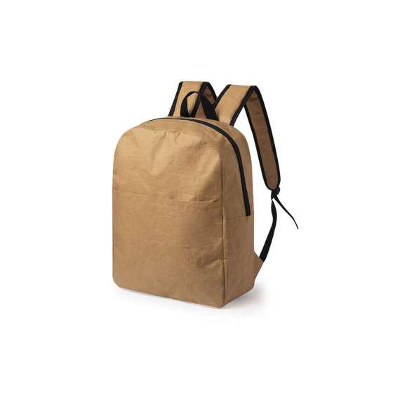 Innovadora mochila en papel laminado ultra resistente de 130 g/m2, resistente a las salpicaduras de agua. Con cierre de cremallera, bolsillo en frontal y bolsillo lateral de gran capacidad. Asa de transporte y accesorios en color negro, con cintas de hombros acolchadas y ajustables.