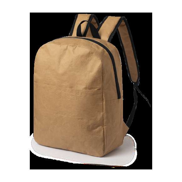 Innovadora mochila en papel laminado ultra resistente de 130 g/m2, resistente a las salpicaduras de agua. Con cierre de cremallera, bolsillo en frontal y bolsillo lateral de gran capacidad. Asa de transporte y accesorios en color negro, con cintas de hombros acolchadas y ajustables.