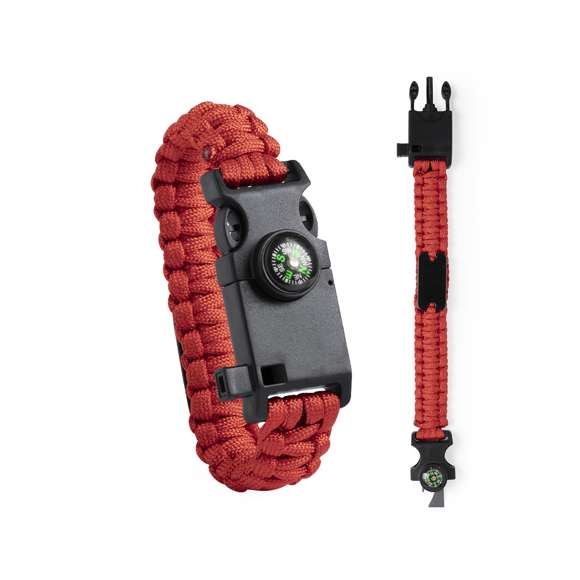 Brazalete multifunción para los más aventureros en resistente nylon. 5 funciones: brazalete, brújula, silbato, cuchillo rascador y abridor. Disponible en variada gama de colores, con cierre de hebilla de seguridad.