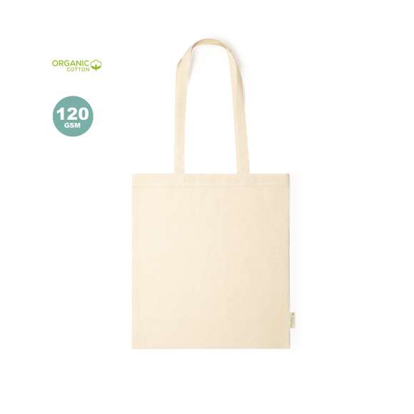 Bolsa de línea nature en material 100% algodón orgánico natural de 120 g/m2. Asas largas de 70cm con refuerzo y de acabado cosido. Distintivo organic en etiqueta lateral y resistencia hasta 8 kg de peso.