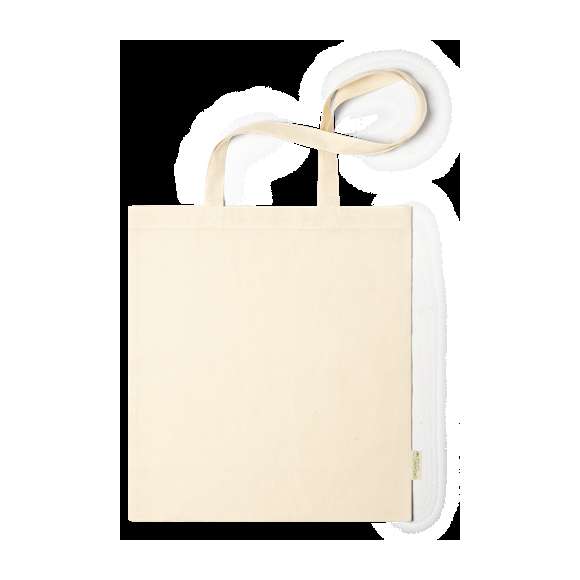Bolsa de línea nature en material 100% algodón orgánico natural de 120 g/m2. Asas largas de 70cm con refuerzo y de acabado cosido. Distintivo organic en etiqueta lateral y resistencia hasta 8 kg de peso.