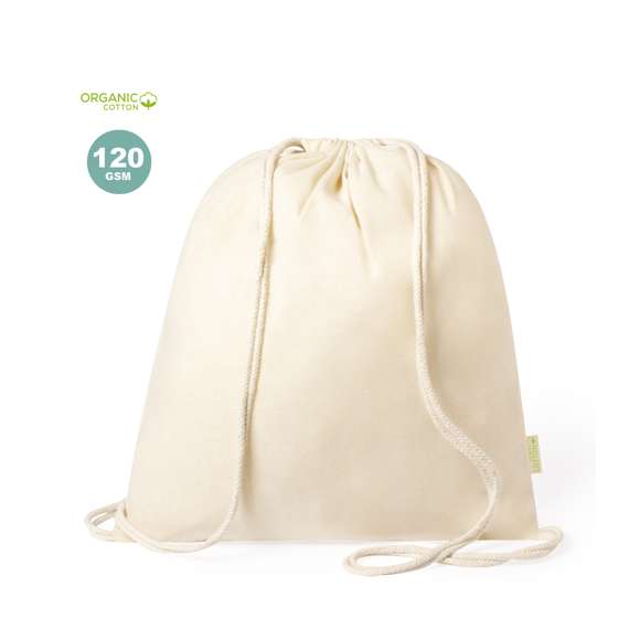 Mochila de cuerdas de línea nature en suave material 100% algodón orgánico. Cuerdas autocierre en algodón, con distintivo organic en etiqueta lateral. Resistencia hasta 9kg de peso.