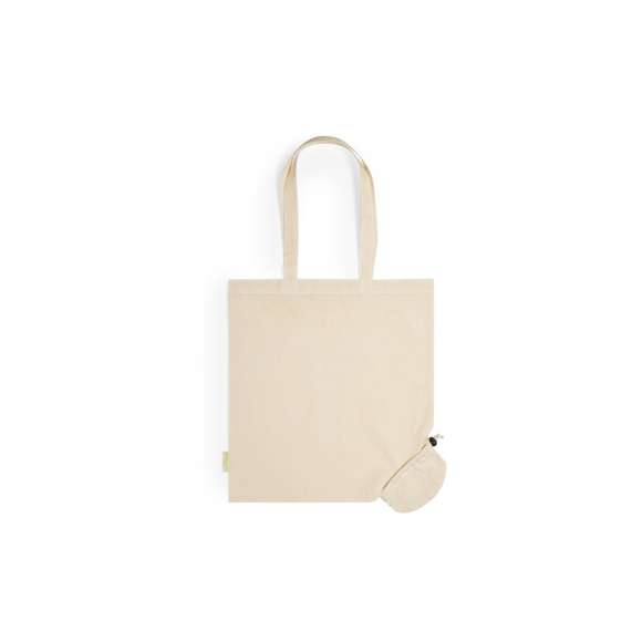 Bolsa plegable de línea nature en material 100% algodón orgánico natural de 120 g/m2. Asas largas de 70cm con refuerzo y de acabado cosido. Distintivo organic en etiqueta lateral y resistencia hasta 9 kg de peso. Plegado de pequeño tamaño para fácil transporte.