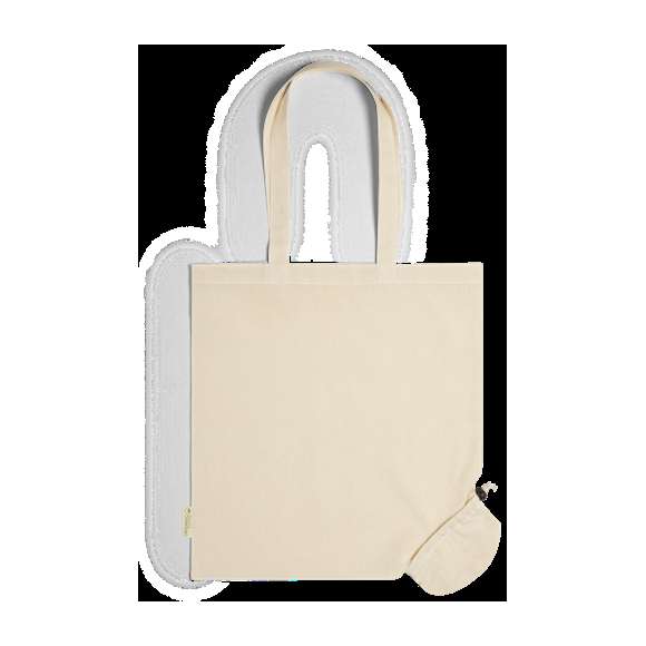 Bolsa plegable de línea nature en material 100% algodón orgánico natural de 120 g/m2. Asas largas de 70cm con refuerzo y de acabado cosido. Distintivo organic en etiqueta lateral y resistencia hasta 9 kg de peso. Plegado de pequeño tamaño para fácil transporte.