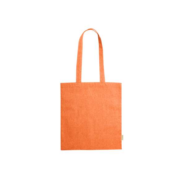 Bolsa de línea nature en material 100% algodón reciclado de 120 g/m2. Asas largas de 70cm con refuerzo y de acabado cosido. Distintivo en etiqueta lateral y resistencia hasta 8 kg de peso. Disponible en variada gama de colores nature.