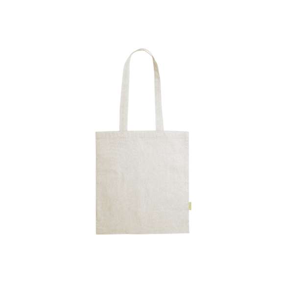Bolsa de línea nature en material 100% algodón reciclado de 120 g/m2. Asas largas de 70cm con refuerzo y de acabado cosido. Distintivo en etiqueta lateral y resistencia hasta 8 kg de peso. Disponible en variada gama de colores nature.