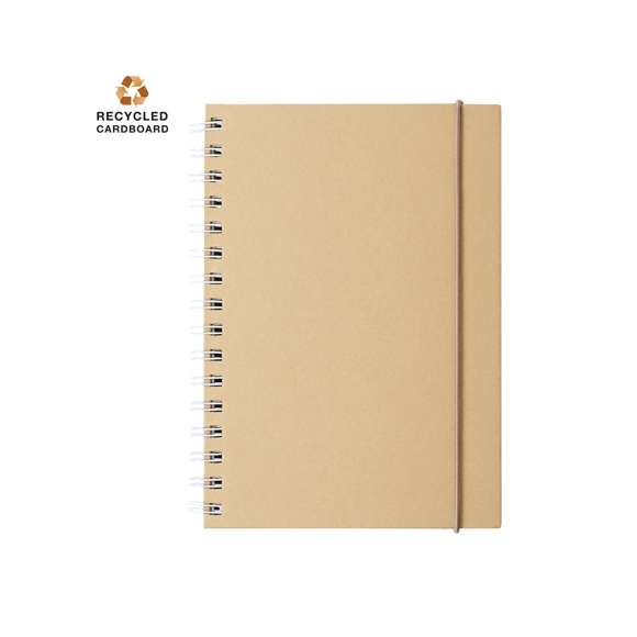 Libreta con anillas de color en línea nature. Con tapas rígidas en cartón reciclado y elástico de cierre en colores naturales. Con 80 hojas de disposición a una raya y diseño eco.
