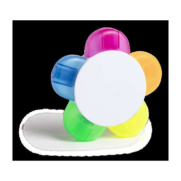 Set de marcadores en original diseño flor. Con amplia superficie de marcaje y subrayadores en colores naranja, azul, verde, amarillo y fucsia.