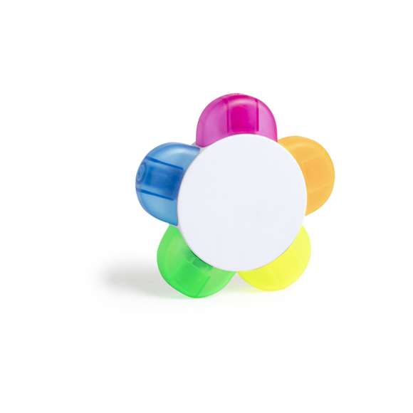 Set de marcadores en original diseño flor. Con amplia superficie de marcaje y subrayadores en colores naranja, azul, verde, amarillo y fucsia.