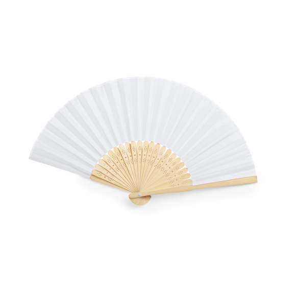 Abanico de línea nature con tela en resistente poliéster 190T. Varillas fabricadas en flexible bambú. Disponible en variada gama de colores.