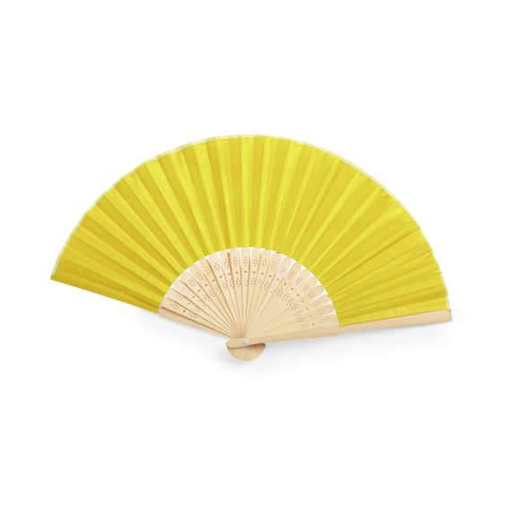 Abanico de línea nature con tela en resistente poliéster 190T. Varillas fabricadas en flexible bambú. Disponible en variada gama de colores.