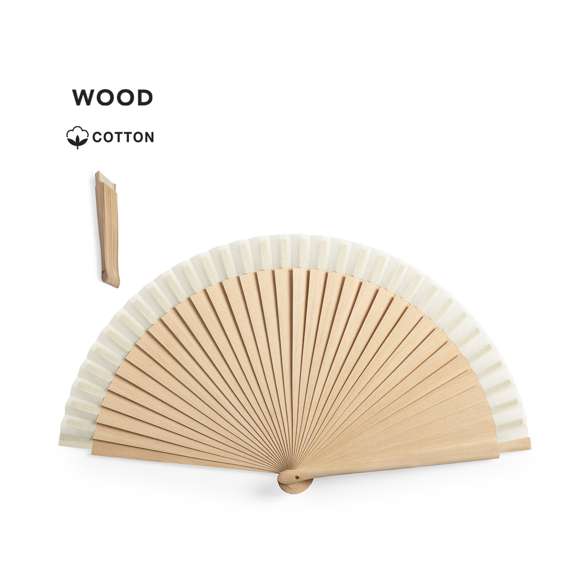 Abanico de línea nature, con varillas de madera y tela en algodón. Presentado en caja individual de diseño eco.