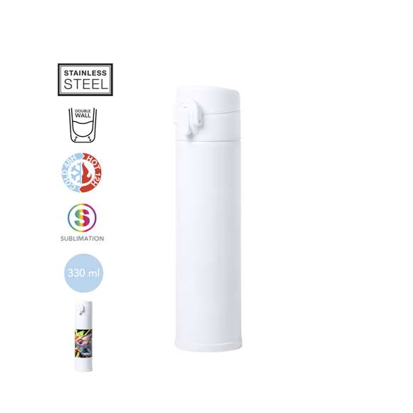Termo en acero inox de 330ml de capacidad. Con doble cobertura para mejor y mas duradera conservación de la temperatura, con cierre de seguridad y sistema de apertura fácil con botón. Especialmente fabricado para impresión en sublimación y presentado en atractiva caja de diseño, Disponible manual de instrucciones en español e inglés.