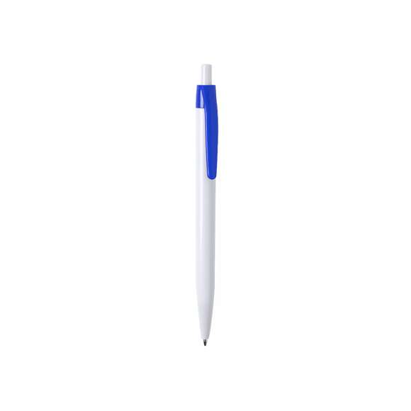  	Bolígrafo de mecanismo pulsador en desenfadado diseño bicolor. Con cuerpo en color blanco y clip en variada gama de colores. Amplia superficie de impresión y en tinta azul.
