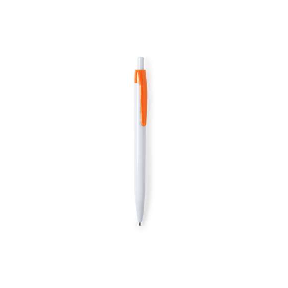  	Bolígrafo de mecanismo pulsador en desenfadado diseño bicolor. Con cuerpo en color blanco y clip en variada gama de colores. Amplia superficie de impresión y en tinta azul.
