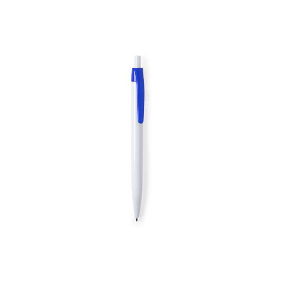  	Bolígrafo de mecanismo pulsador en desenfadado diseño bicolor. Con cuerpo en color blanco y clip en variada gama de colores. Amplia superficie de impresión y en tinta azul.
