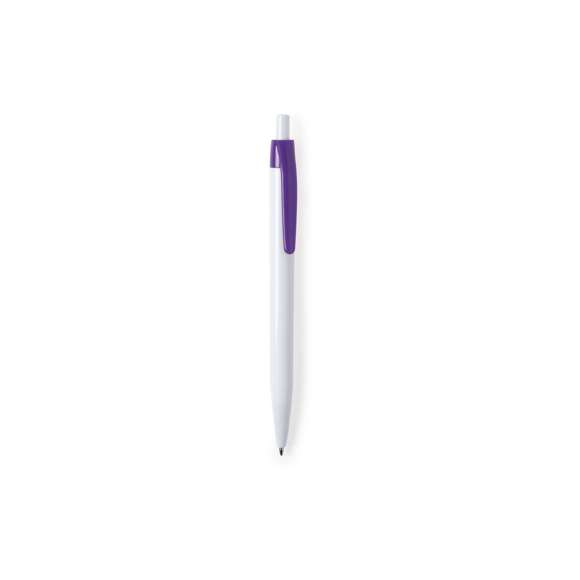  	Bolígrafo de mecanismo pulsador en desenfadado diseño bicolor. Con cuerpo en color blanco y clip en variada gama de colores. Amplia superficie de impresión y en tinta azul.