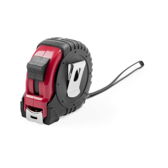 Flexómetro de 7,5 metros con cuchilla metálica y mecanismo de bloqueo. Con cuerpo de suave acabado en variados colores, recubierto con funda protectora en resistente goma, clip metálico para cinturón y cinta de transporte. Con troquelado especial para marcaje en doming/gota de resina y presentado en caja individual.