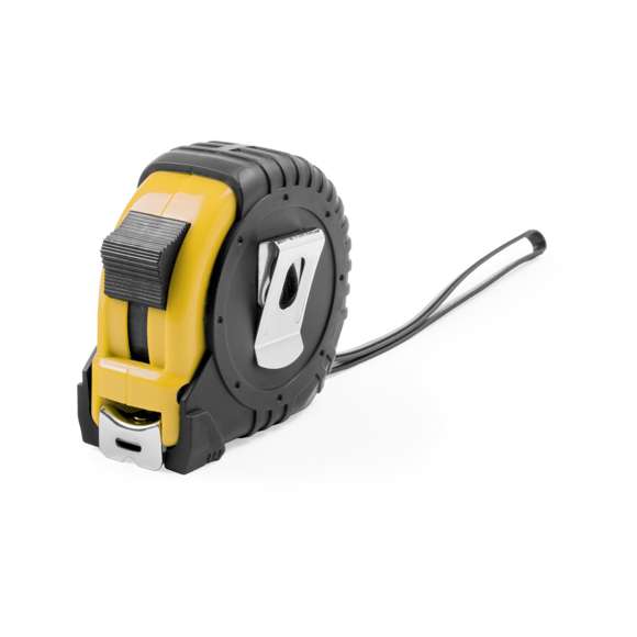 Flexómetro de 7,5 metros con cuchilla metálica y mecanismo de bloqueo. Con cuerpo de suave acabado en variados colores, recubierto con funda protectora en resistente goma, clip metálico para cinturón y cinta de transporte. Con troquelado especial para marcaje en doming/gota de resina y presentado en caja individual.