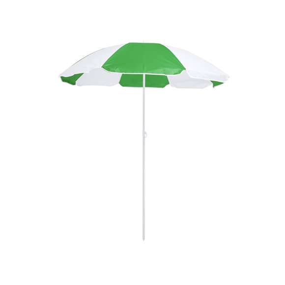 Sombrilla de playa de 8 paneles en resistente nylon de combinación bicolor. De 150cm de diámetro, con faldones laterales ribeteados, tubos metalizados en color blanco y ajustable en altura. Presentada en funda de PVC con cinta de transporte para hombro. Disponible en variada gama de colores combinados.
