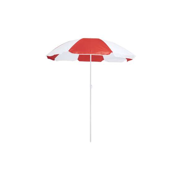 Sombrilla de playa de 8 paneles en resistente nylon de combinación bicolor. De 150cm de diámetro, con faldones laterales ribeteados, tubos metalizados en color blanco y ajustable en altura. Presentada en funda de PVC con cinta de transporte para hombro. Disponible en variada gama de colores combinados.