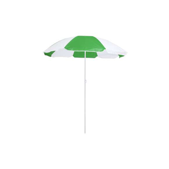 Sombrilla de playa de 8 paneles en resistente nylon de combinación bicolor. De 150cm de diámetro, con faldones laterales ribeteados, tubos metalizados en color blanco y ajustable en altura. Presentada en funda de PVC con cinta de transporte para hombro. Disponible en variada gama de colores combinados.