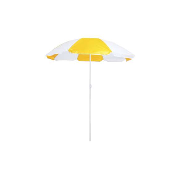 Sombrilla de playa de 8 paneles en resistente nylon de combinación bicolor. De 150cm de diámetro, con faldones laterales ribeteados, tubos metalizados en color blanco y ajustable en altura. Presentada en funda de PVC con cinta de transporte para hombro. Disponible en variada gama de colores combinados.
