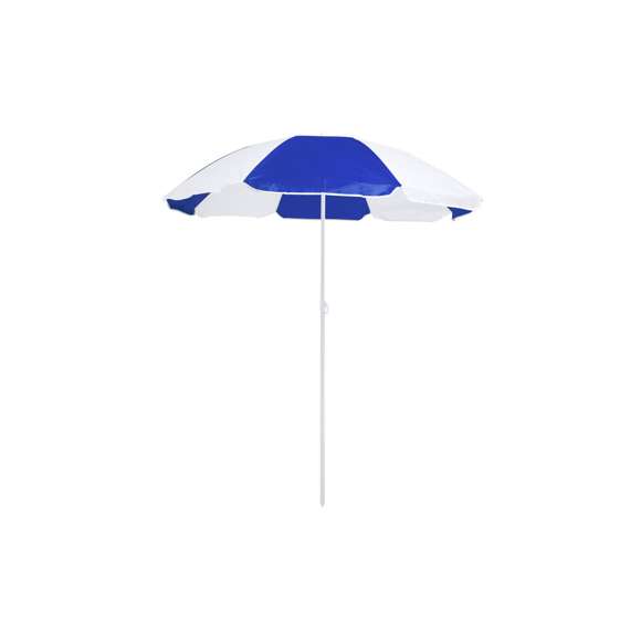 Sombrilla de playa de 8 paneles en resistente nylon de combinación bicolor. De 150cm de diámetro, con faldones laterales ribeteados, tubos metalizados en color blanco y ajustable en altura. Presentada en funda de PVC con cinta de transporte para hombro. Disponible en variada gama de colores combinados.